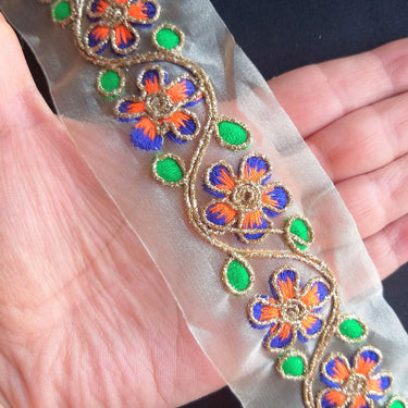 Gold Sheer Tissue Fabric Trim With Embroidered Pink / Blue, Orange, Green & Gold Flowers